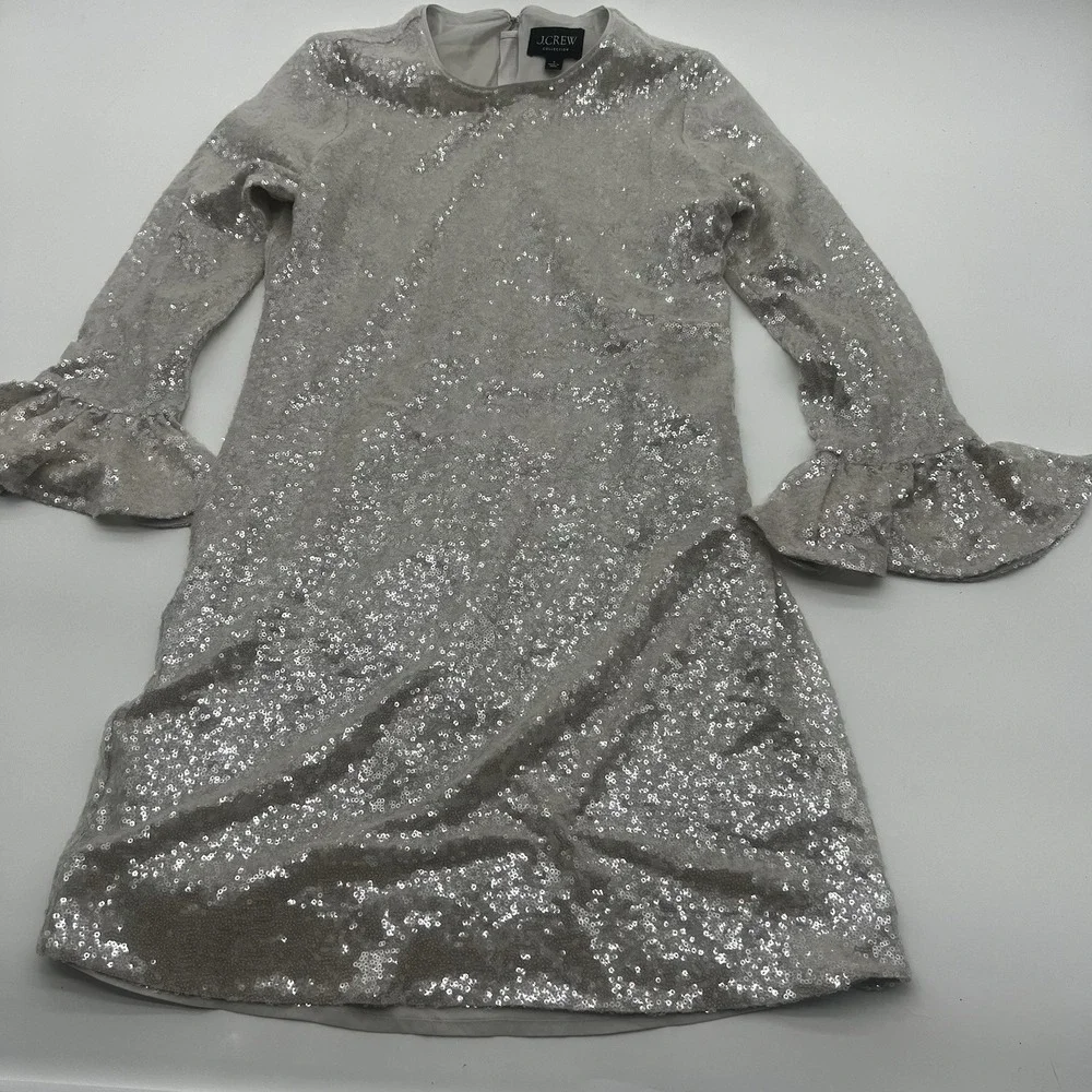 J.Crew Collection Silver Sequin Ruffle Sleeve Shift Dress Size 0‎ Party Cocktail